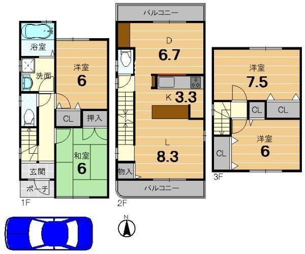 桃山町丹下（墨染駅）　２９８０万円 2980万円、4LDK、土地面積89.32m<sup>2</sup>、建物面積101.25m<sup>2</sup> 。全居室6帖以上＆収納付き。北・南の両面にバルコニーを備えた住まいです。プライバシー性の高い2階LDKは、キッチンを挟んでダイニング・リビングが配置された、空間を分けやすい間取りで…
