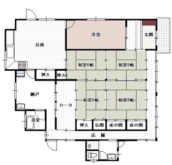 江田島町宮ノ原１　７８０万円 780万円、5DK+S（納戸）、土地面積1,787.69m<sup>2</sup>、建物面積122.31m<sup>2</sup> 平屋の住宅です。