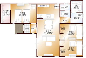 【大誠ハウス】イーネスト富の原第１５－６号地 2521万円、3LDK、土地面積152.36m<sup>2</sup>、建物面積77.92m<sup>2</sup> １階間取図です