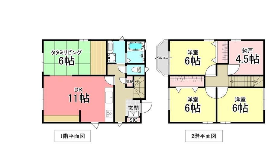 とびたけ４（宇美駅）　２５９８万円 2598万円、4DK、土地面積202.76m<sup>2</sup>、建物面積97.48m<sup>2</sup> 1/2階間取り図<BR>4LDK＋納戸4.5帖付