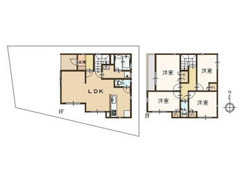 朱雀３（西鉄二日市駅）　３８００万円 3800万円、4LDK、土地面積112.08m<sup>2</sup>、建物面積94.29m<sup>2</sup> ４LDKのリビング階段の間取りです。