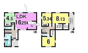 東近江市今崎町 ■4SLDK　■建物面積延：108.47平米(32.81坪)、1階：52.58平米、2階：55.89平米