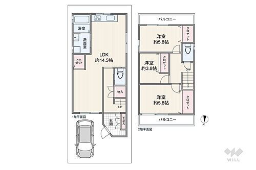 尼崎市西立花町１丁目　一戸建て 間取りは延床面積75.73平米の3LDK。1階がLDKとサニタリー、2階に個室3部屋が設けられた、各階で用途が分かれたプラン。