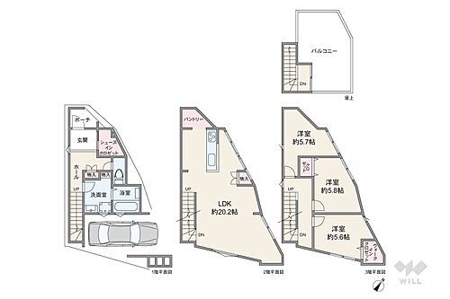大阪市東淀川区上新庄３丁目　一戸建て 間取りは延床面積116.53平米（車庫面積約13.0平米含む※概算）の3LDK。リビング階段・2階リビングのプラン。