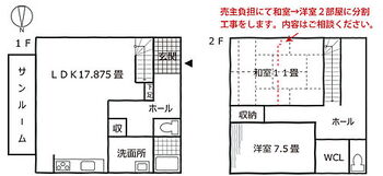  2階の11畳和室は、売主負担にて洋室2間に分割工事予定。