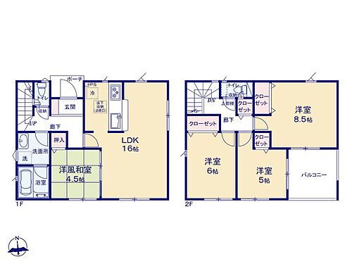 Ｃｒａｄｌｅｇａｒｄｅｎ　東松山市松葉町　第１３　１号棟 【間取り】和室4.5帖付き　全室収納スペース付き。　3面斜光で明るいリビングです。