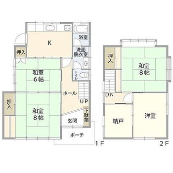 野々市市押野５丁目　中古戸建 1階　DK/和室約8帖/和室約6帖/洗面/浴室/トイレ2階　和室約8帖/洋室/納戸