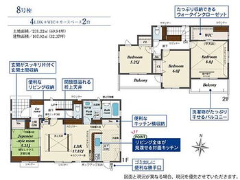 新築　藤岡市下栗須全６棟　Ｂｌｏｏｍｉｎｇ　Ｇａｒｄｅｎ　８号棟 建物面積33.37坪　全居室南向き♪シューズインクローク・パントリー・ウォークインクローゼット・各部屋収納付きで便利です！洗濯物がたっぷり干せるバルコニー付き！