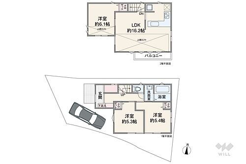 大田区石川町２丁目　一戸建て 間取りは延床面積79.78平米の3LDK。LDKは16.2帖、全居室5.3帖以上が確保されておりバランスのとれた間取りです。リビング上部と2階居室上部にロフトがあり収納力も高いです。