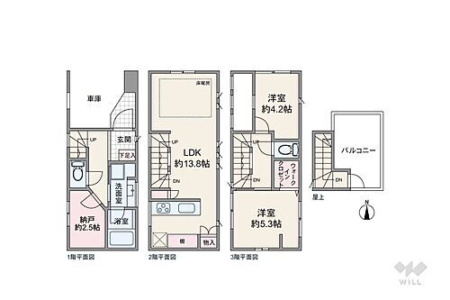 川崎市中原区木月３丁目　一戸建て 間取りは延床面積70.48平米の2LDK+N。屋上バルコニー付き、2階リビングのプラン。サニタリーは1階に設けられています。約2.5帖の納戸をはじめ、各所に収納スペースがあります。