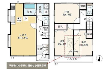 西東京市北町３丁目　中古戸建 3LDK＋小屋裏収納の間取りです。　水回りの集中した家事動線の良い間取りで家事効率UP。