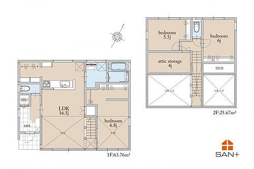 狭山市水野　平屋風２階建て　平屋　新築戸建 【間取り】】間取りは3SLDK+SIC！全居室に収納があり、お部屋のスペースを有効的に使えます。