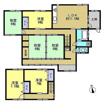 倉吉市大塚１３９－１　戸建て 【間取り図】家族みんながお部屋を持てる、6LDKの間取り。親戚みんなでご馳走を囲めそうな、続き間の和室があるのも、中古住宅ならではです。二階はお子様部屋としても、来客用としても使い勝手が良いよう、洋室
