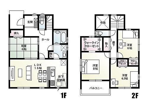 比企郡滑川町月の輪６丁目Ｃ号棟（全５区画）ファイブイズホーム 【比企郡滑川町月の輪6丁目C号棟　間取り】キッチン・洗面室・浴室が直線上にありますので、家事効率も上がります。