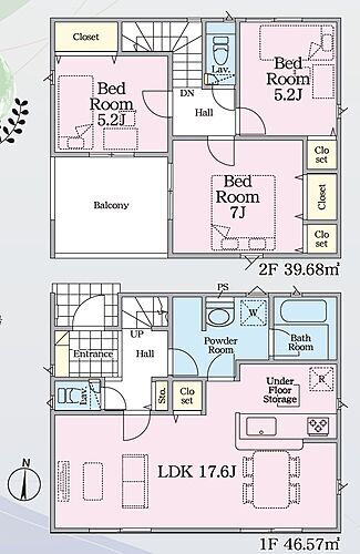 焼津市五ケ堀之内第７　新築戸建　１号棟 広々リビングの3LDK♪　全部屋にクローゼットが設置されていますので、お部屋を広々と使っていただけます♪