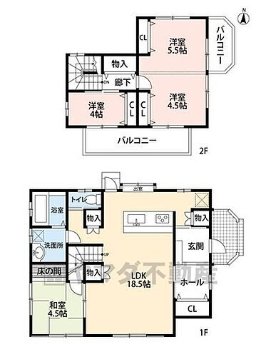 古賀市米多比　戸建 4LDKのゆとりのある間取り。 2階全洋室がバルコニーに面しており日当り風通し良好です＾＾リビング収納2カ所、廊下収納あり。