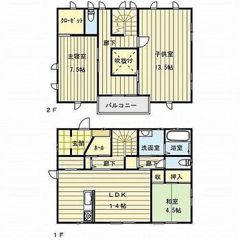 いわき市東田町金子平　中古住宅 一階に和室とＬＤＫ、二階に洋室二間とウォークインクローゼットです。二階東側の洋室は壁を施工して2部屋に分けることも出来ます。ご家族の人数に合わせて変更するのもいいですね。