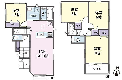 川越久保町　新築戸建　１号棟　１号棟 約6帖以上の洋室が3部屋、ファミリーに嬉しい4LDKの間取りです。