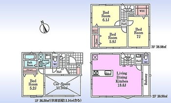 川口市飯塚（全１棟） 間取図。木造3階建て。4LDK。ビルトイン車庫。