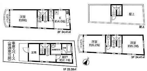 所沢市宮本町２丁目 3SK+屋上　土地面積61.94平米（18.73坪）セットバック0.76平米含　建物面積94.20平米（28.49坪）