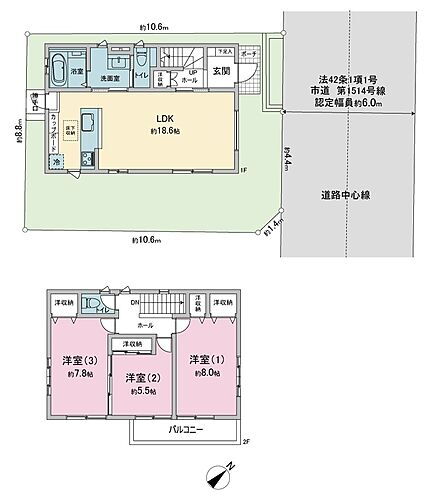 富士見市西みずほ台ＳＳ 敷地面積：100.02平米（30.25坪）延床面積：95.48平米（28.88坪）　間取：3LDK