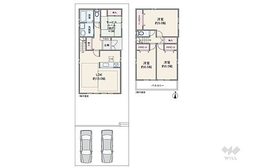 尾張旭市東名西町１丁目　一戸建て 間取りは延床面積106.83平米の3SLDK。LDKを通って2階へアクセスする、家族のコミュニケーションの機会が増えるプラン。すべての個室と各階の廊下に収納があります。
