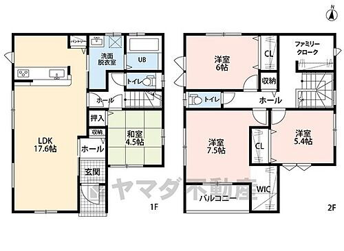 那珂川市五郎丸２丁目１期　１号棟　新築戸建 二世帯をお探しの方も嬉しい独立した和室を含む4SLDKの間取り＾＾ 2階には3洋室と、居室から独立したファミリークロークあり＾＾