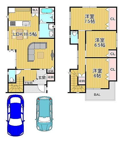  LDK18.5帖、全室6帖以上とゆったり暮らせます♪お車2台駐車可能です！