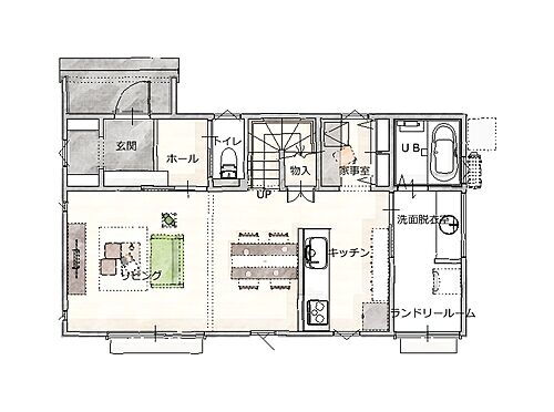 オリーブタウン　富合駅前 １階平面図。水回りがまとまり、家事のしやすい間取りです。