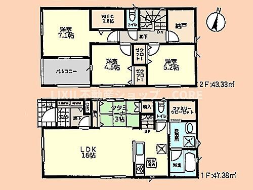 新築　座間市小松原１丁目　全２棟 リビングはあると便利な畳コーナーが隣接！FCLやWIC付で収納豊富な3SLDKです。