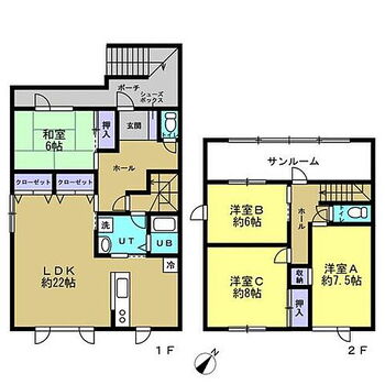 札幌市手稲区新発寒五条４丁目　戸建て 【リフォーム後間取り図】地下1階付の2階建て4LDK住宅です。地下1階は組込車庫と倉庫、1階は約22帖LDKと和室1部屋、2階は洋室が3部屋に変更予定です。駐車場は住宅前面スペースに普通車と軽自動車1