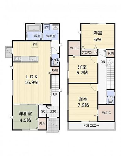 松陵・Ａ棟 （Ａ棟間取）玄関・リビング・廊下にしっかり収納付き◎ＷＩＣも2つあるのでお部屋をスッキリ広く使えますね。