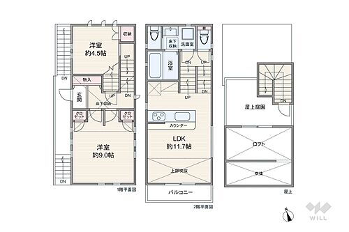 名古屋市千種区日和町１丁目　一戸建て 間取りは延べ床面積62.92平米の2LDK。屋上庭園スペースがある、2階リビングのプラン。LD上部に吹抜とロフトが設けられています。室内リフォーム済み！ねこちゃんとの暮らしに特化したお住まいです。
