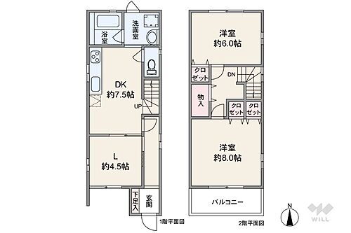 名古屋市中川区大畑町１丁目　一戸建て 間取りは延床面積68.31平米の2LDK。リビングとダイニングキッチンを分けて使えるプラン。水回りが近い距離に集約しており、家事動線に優れています。個室はどちらも洋室仕様で、6帖以上の広さを確保。