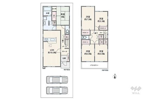 名古屋市北区中味鋺２丁目　一戸建て 間取りは延床面積120.06平米の5LDK。LDK、各居室すべて2面採光です。居室だけでなく廊下にも収納があり、収納力の高い戸建です。