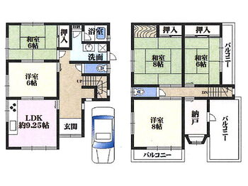 堺市堺区中之町西 【間取図】全居室6.0帖以上の広さ！納戸や押入などの収納が設けられており、住空間の有効活用が可能です。各階にトイレ有◎3か所のバルコニーや駐車スペース1台分(車種による)付きです。