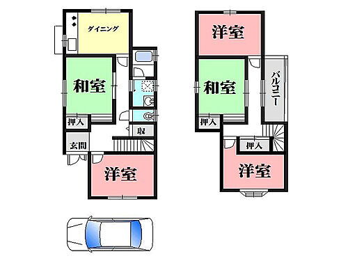 泉佐野市旭町 【間取図】木造2階建5DKの間取り。各居室は振り分けタイプのため、個室を振りわけしやすく、プライベートな時間をゆったり過ごせそうな住まいです。2階廊下にバルコニーが設けられています。