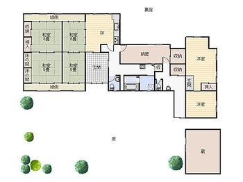 三重県伊賀市西明寺 【間取図】洋室2室、和室4室を含む6DK。高齢の方も安心して過ごせる平屋住宅です。玄関やトイレが2ヶ所に設けられ、2世帯での入居にもおすすめです。家財などを貯蓄する蔵が設けられています。