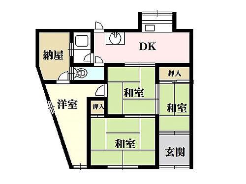 岸和田市吉井町 【間取図】納屋付きで収納力豊富な4SDK。大きさの異なる和室3部屋、洋室1部屋が備わり、目的に応じて柔軟に使い分けできます。平屋のため階段の上り下りが必要なく、シニア世代にも優しい間取りです。