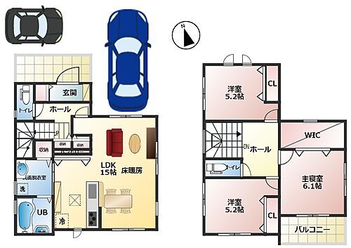 高知市中水道　新築売家　３ＳＬＤＫ 1階：15LDK　/　2階：6.1主寝室・5.2洋×2室・ウォークスルークローゼット