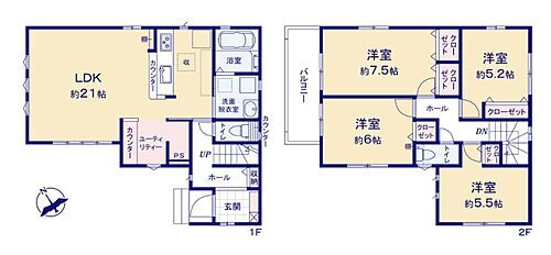 所沢市上新井４丁目・全１棟　新築一戸建　～始発駅徒歩１０分～ 全居室収納付きの4LDK。LDK21帖にはユーティリティースペースがございます。