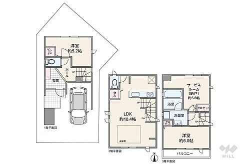 名古屋市千種区丸山町３丁目　一戸建て 間取りは延床面積82.42平米の3LDK。通行人の目線を気にせず過ごしやすい、2階リビングのプラン。洗面室・浴室は3階に配置。居室同士が直接隣接しておらず、個室のプライバシーを確保しやすい造り。