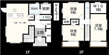 売中古戸建　清水区蒲原 3LDKの南向きの間取り。玄関収納が豊富で、2Fの各部屋に収納もあります。