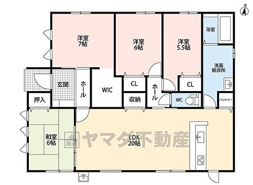 飯塚市下三緒１期　新築戸建 平屋住宅。収納量たっぷりウォークインクローゼット完備。他にもパントリー・リビング収納あり。リビングと隣接する和室と一体利用すると26帖の大空間です＾＾