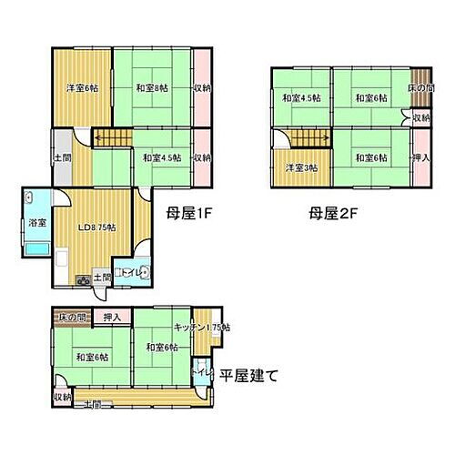 藤江町　土地建物 建物面積32.99坪。間取は7DKです。3台程度駐車可能。部屋数が多いのでファミリーにおすすめな物件となっています。敷地も広く、ゆったりとした生活を送ることができそうですね。