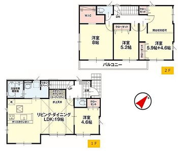 土浦市高岡１期 〜間取り変更も可能なプラン〜 ・2階○○帖の洋室は間仕切りを造る事で2部屋に分ける事が可能。 ・ご家族の状況に応じて部屋の数を変更できるプランです。 