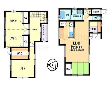  【間取り】LDKが畳スペースと併せてゆったりとした19.25帖！各居室に収納もあり、使い勝手の良い間取りとなっております！空家ですのでお気軽にお問い合わせ、ご見学お申しつけ下さいませ。