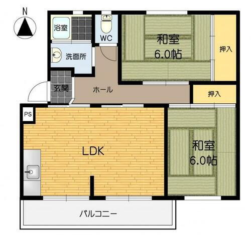 東丘住宅Ｇ号棟 2LDK。専有面積53.97平米、バルコニー面積5.00平米。