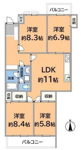 ３部屋バルコニーに面した陽当たりもバッチリな三旺マンション第三東山 各居室6帖以上のゆとりある間取りで、収納スペースもたっぷりある4LDKのお部屋。99㎡超の広さが◎