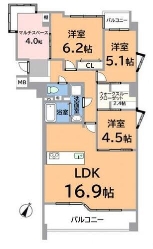 駐車場無償でエアコン１台付きのアメニティ当知 玄関横にワークスペースのある３ＬＤＫの間取り。ウォークスルークローゼットもあり、収納力もあります！